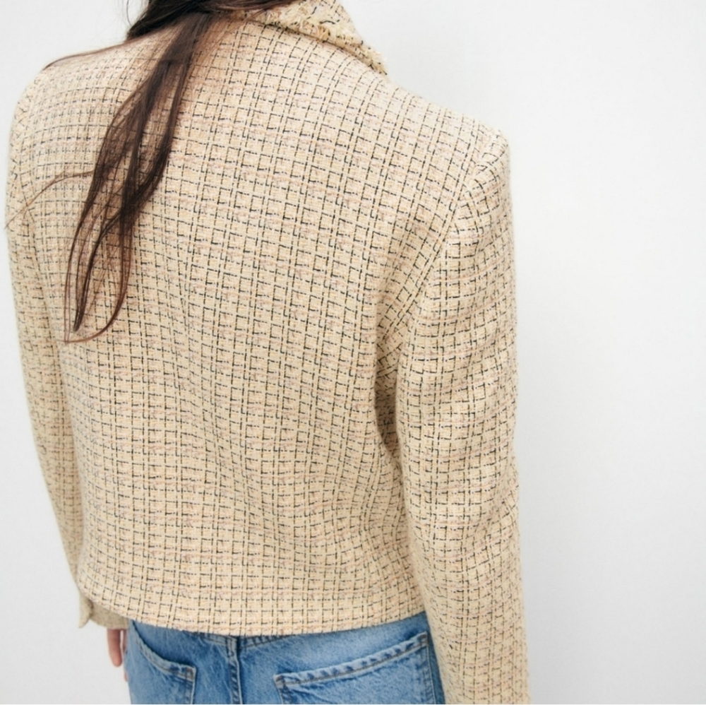 SOLD Zara Tweed Cropped Blazer Sz M Butter Yellow Double Breasted Preppy - Picture 4 of 13